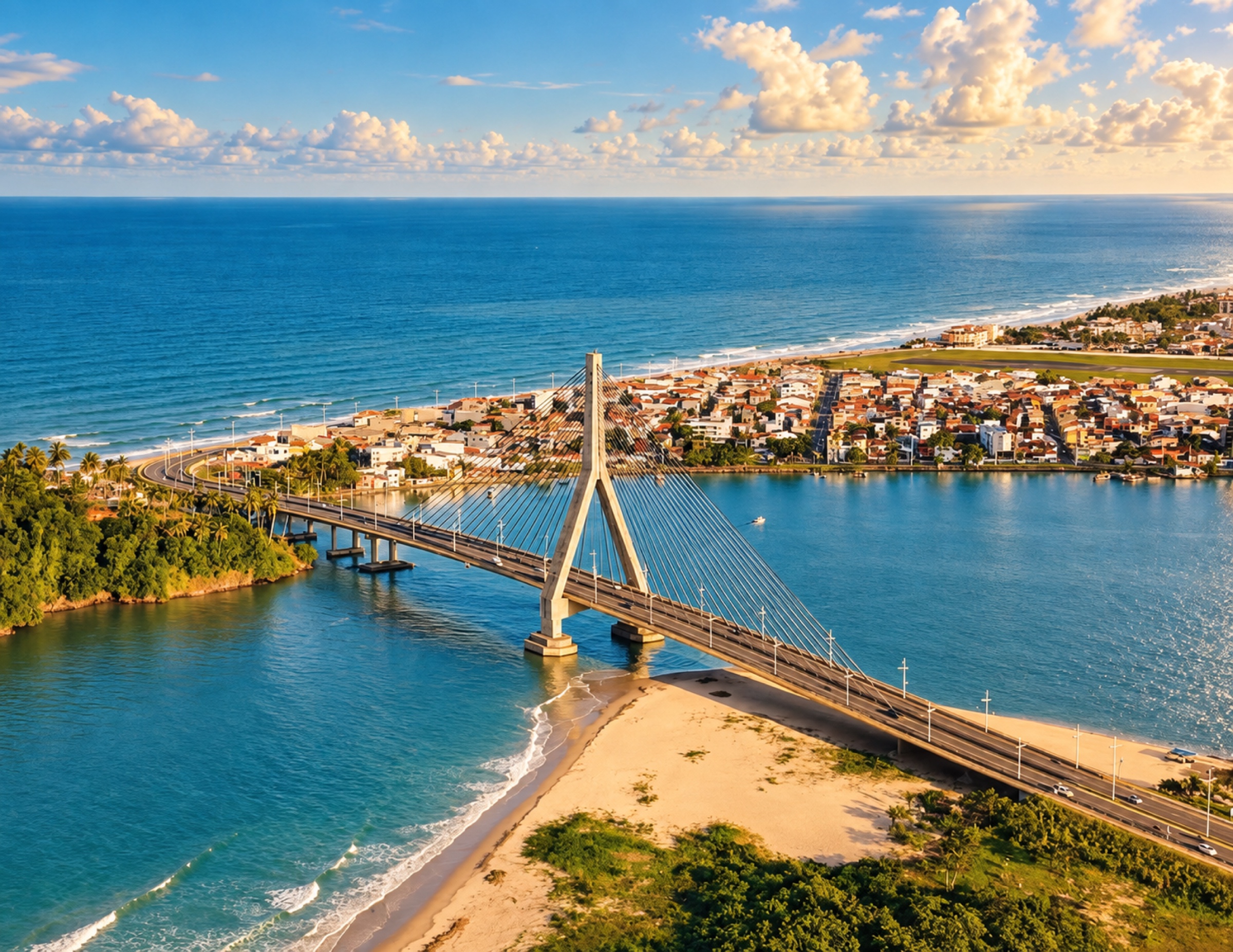 Vista aérea da Ponte Jorge Amado e do litoral de Ilhéus, Bahia